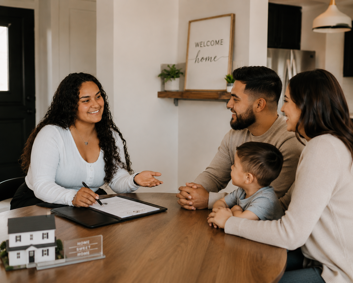 Annamarie Salazar sitting at a kitchen table walking a young family through their first home purchase